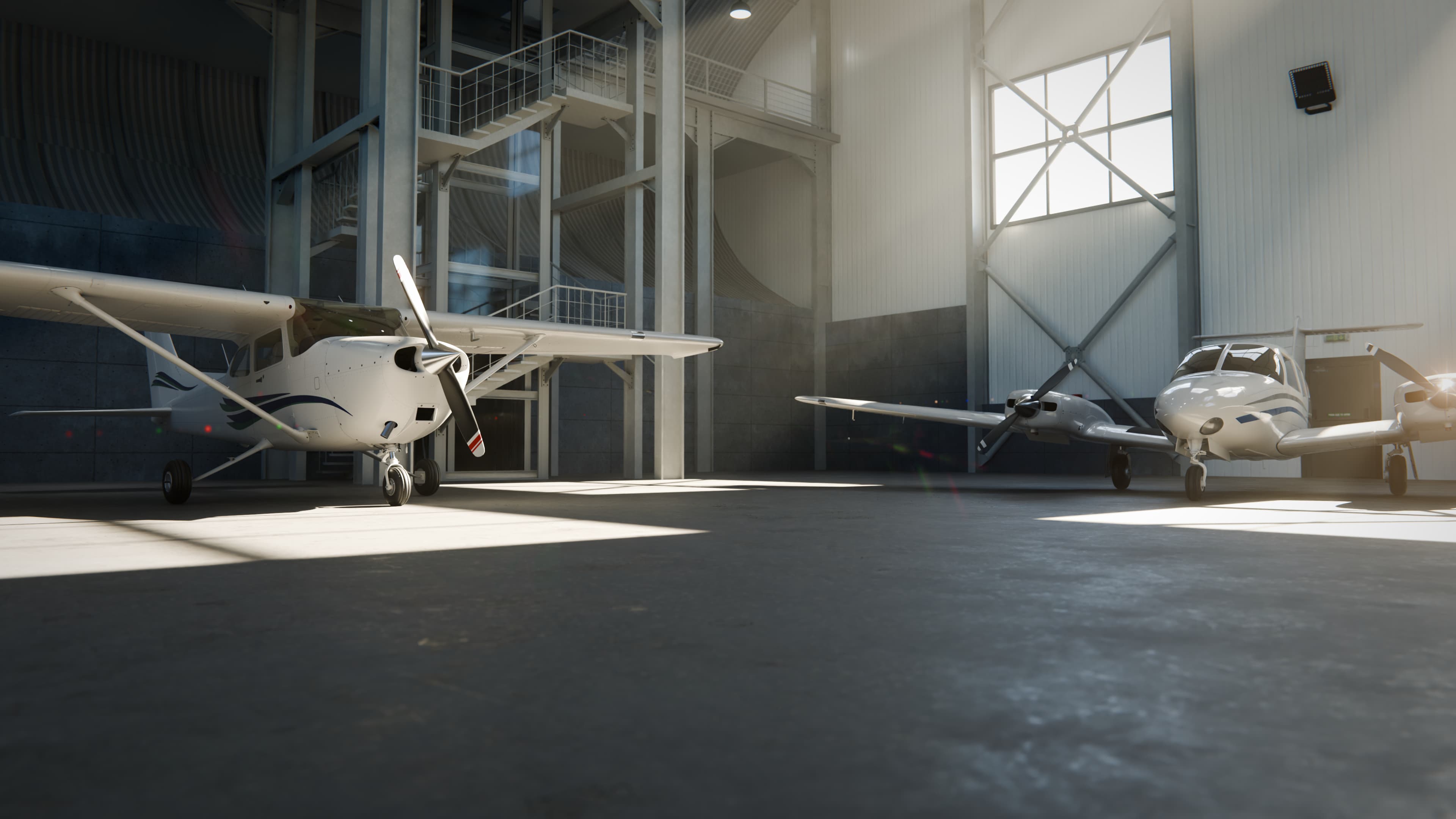 Cessna and Piper Seminole aircraft in an aviation hangar